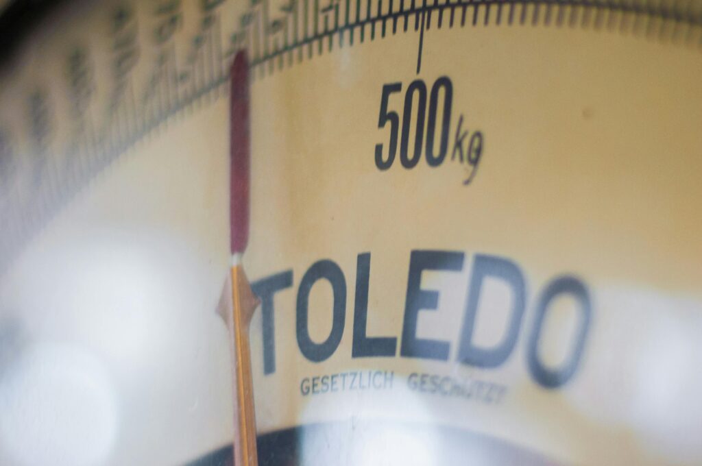 A detailed close-up of a Toledo weighing scale showing 500 kg with clear markings.